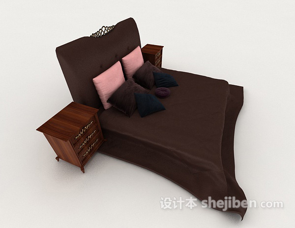 免费红棕色双人床3d模型下载