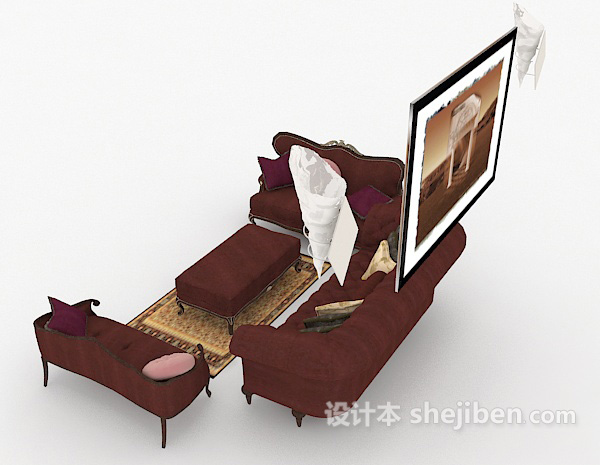 设计本欧式红色组合沙发3d模型下载