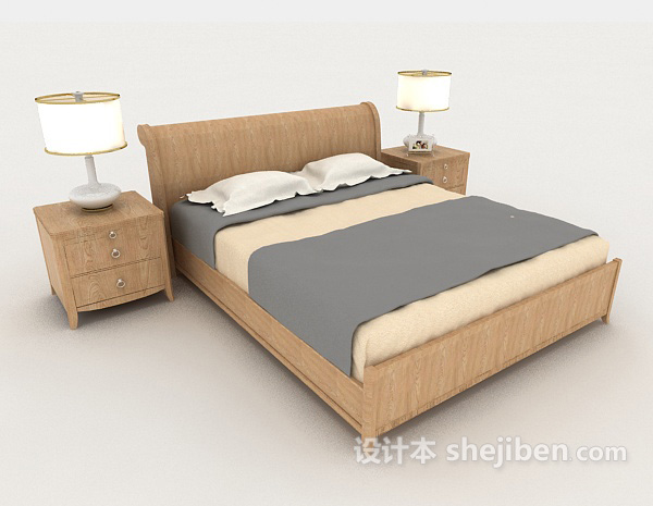 免费简单家具木质黄色双人床3d模型下载