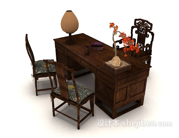 免费中式木质书桌椅子3d模型下载