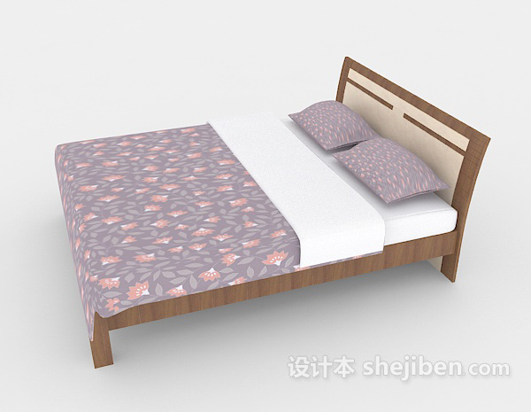 免费现代简约紫色花纹双人床3d模型下载