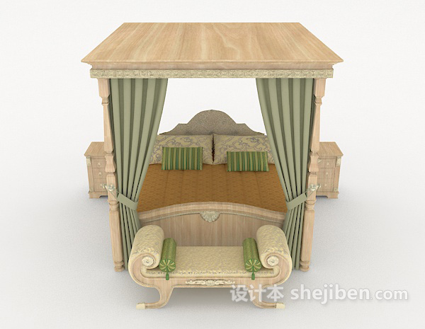 欧式风格欧式绿色双人床3d模型下载