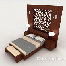 新中式家居木质双人床3d模型下载