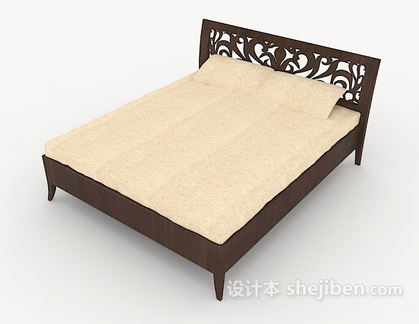 免费木质雕花双人床3d模型下载