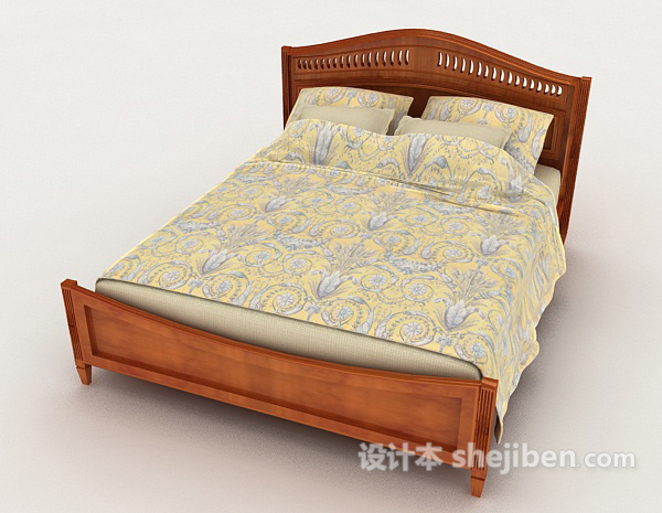 现代风格简单木质家居黄色双人床3d模型下载