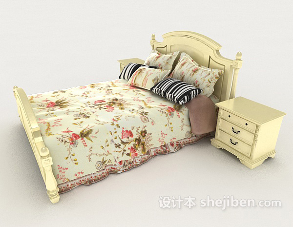 设计本欧式黄色花纹家居双人床3d模型下载