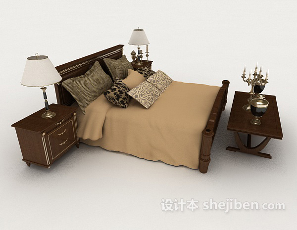 设计本新中式复古木质双人床3d模型下载