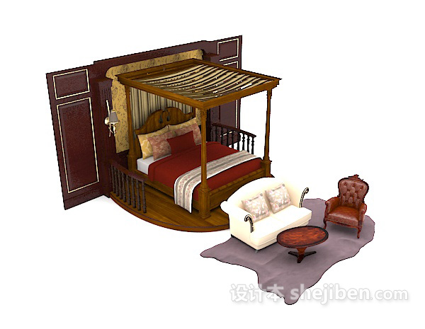 木质棕色家居双人床3d模型下载