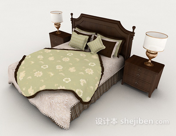 免费现代风格木质双人床3d模型下载