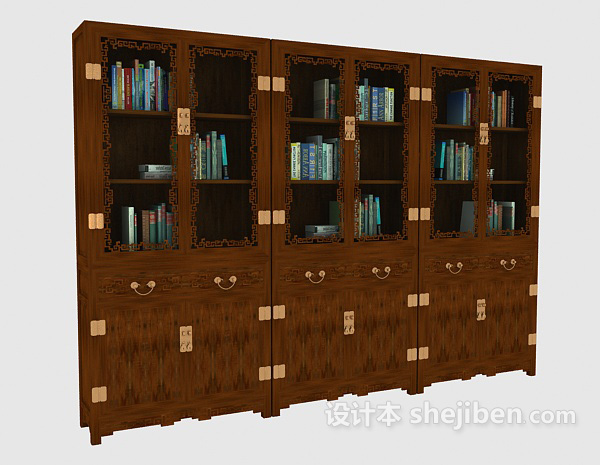 免费中式木质大书柜3d模型下载