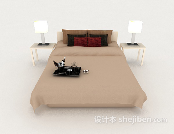 现代风格简单浅棕色双人床3d模型下载