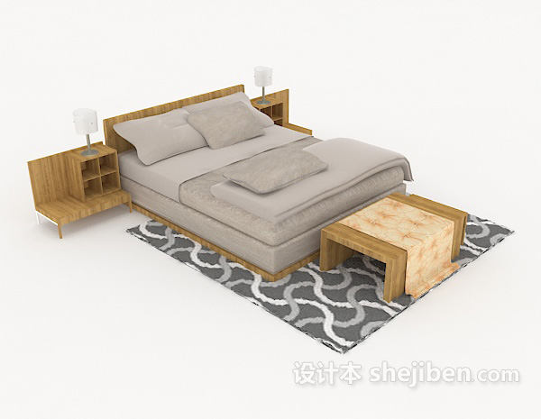 简单木质灰色双人床3d模型下载