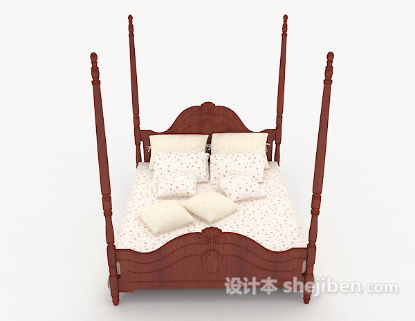 中式风格中式简单木质双人床3d模型下载