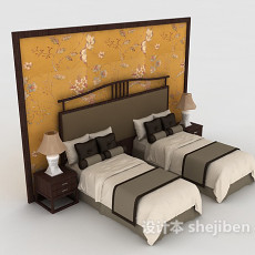 新中式风格实木单人床3d模型下载