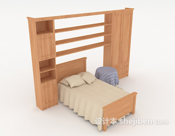 实木单人床、书柜3d模型下载