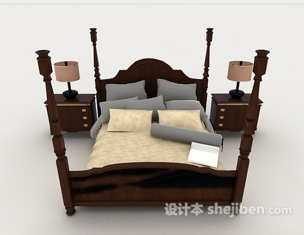 现代风格家居简单木质黄色双人床3d模型下载