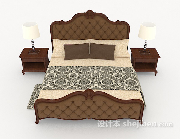 欧式风格欧式棕色木质双人床3d模型下载