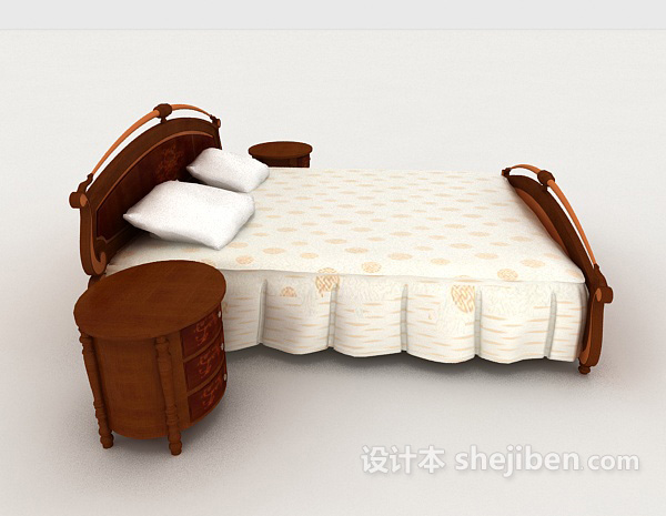 设计本中式复古花纹双人床3d模型下载