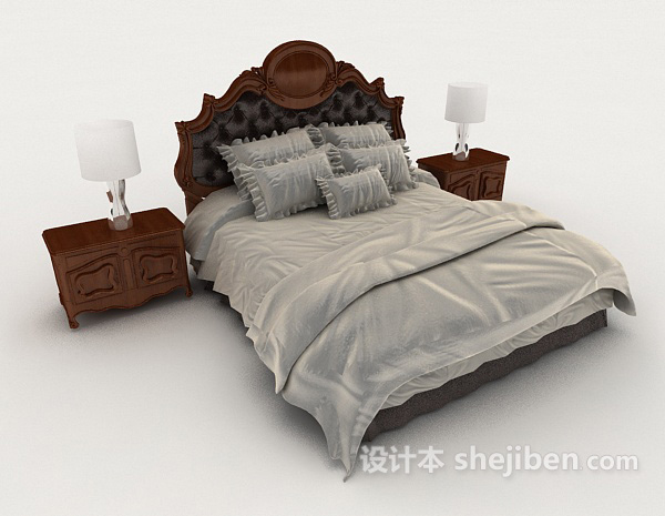 免费欧式木质灰色双人床3d模型下载