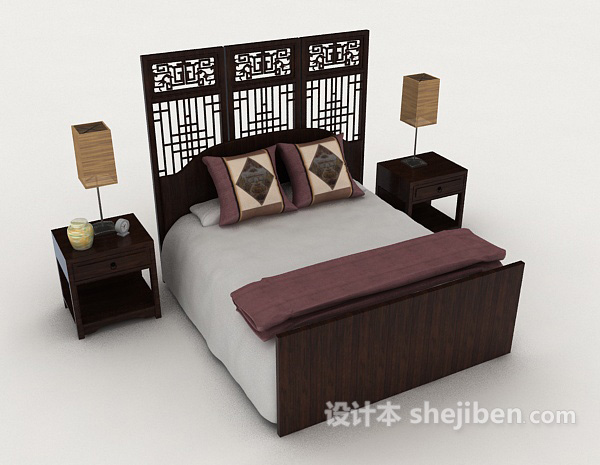 免费中式木质家居双人床3d模型下载