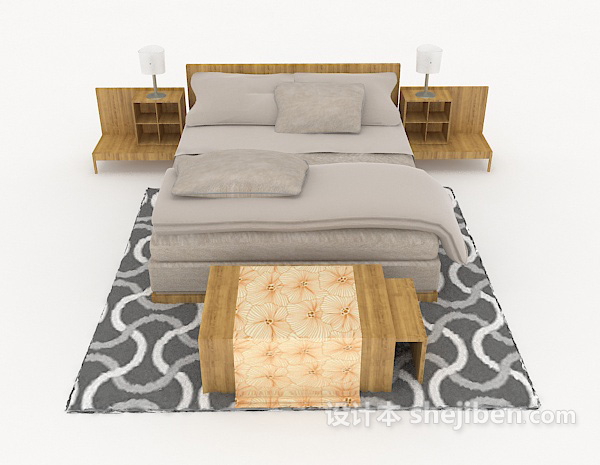 现代风格简单木质灰色双人床3d模型下载