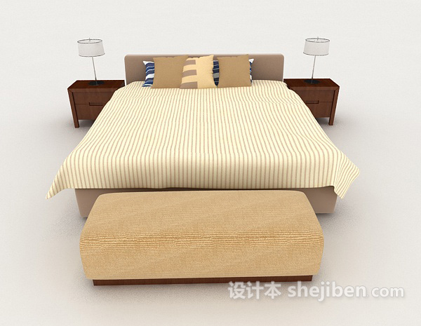 现代风格现代家居简单暖黄色双人床3d模型下载