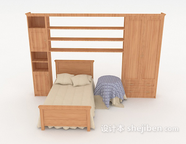 现代风格实木单人床、书柜3d模型下载