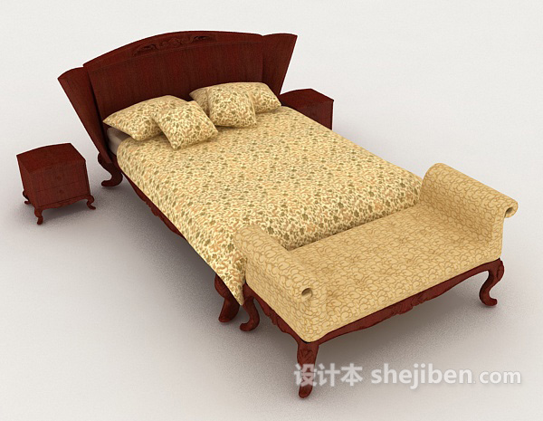 免费新中式黄色双人床3d模型下载