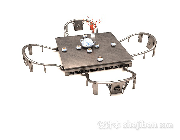 中式风格中式复古实木桌椅组合3d模型下载