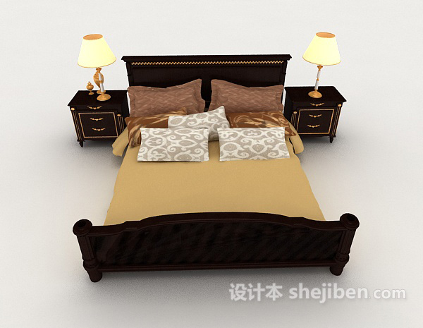 现代风格木质家居黄棕色双人床3d模型下载