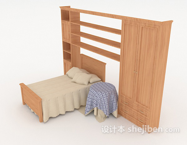 设计本实木单人床、书柜3d模型下载