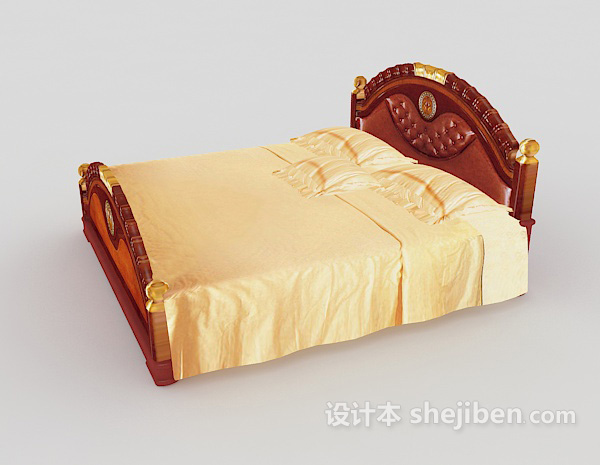 设计本新中式棕色实木双人床3d模型下载