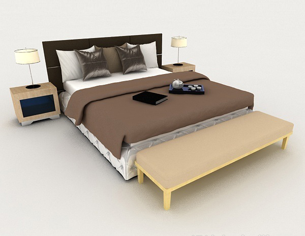 免费现代家居棕色双人床3d模型下载