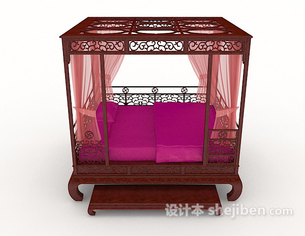 中式风格中式红木家居床3d模型下载