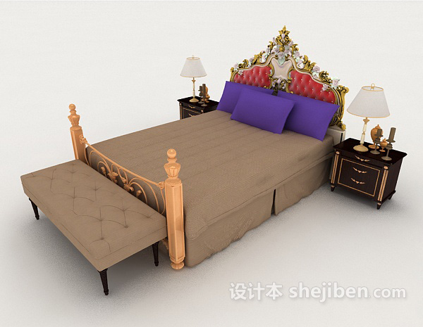 免费欧式个性棕色双人床3d模型下载
