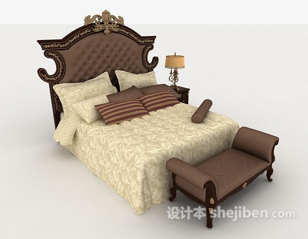 免费欧式复古木质双人床3d模型下载