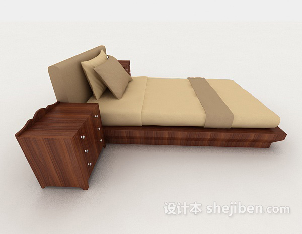 设计本家居木质简约棕色双人床3d模型下载