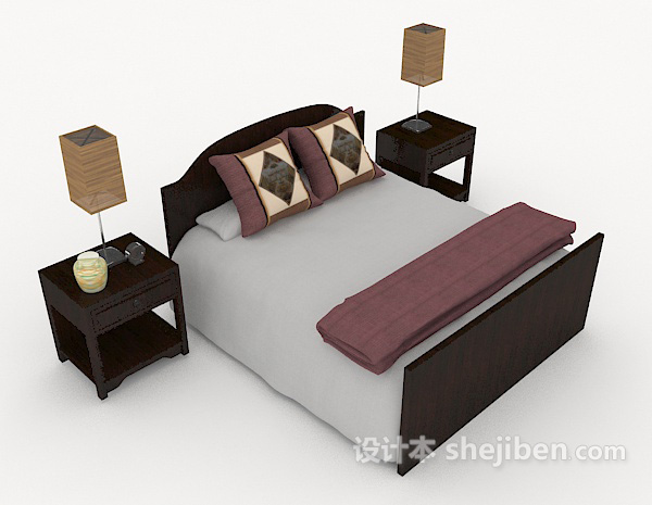 新中式深木双人床3d模型下载