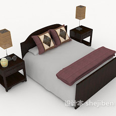 新中式深木双人床3d模型下载