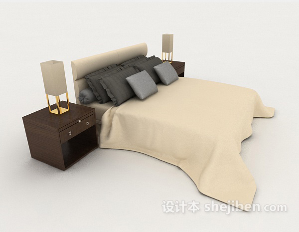 设计本浅色木质双人床3d模型下载