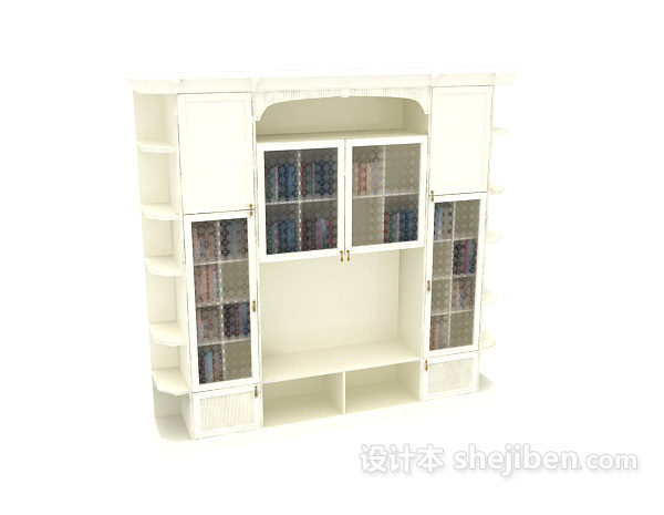 免费现代简约木质白色书柜3d模型下载