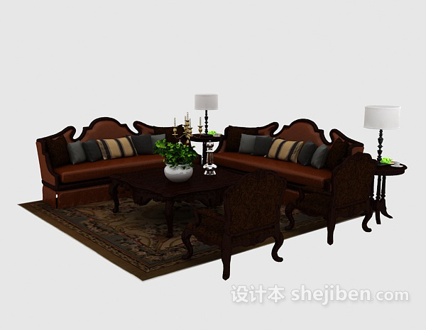 设计本欧式棕色组合沙发3d模型下载