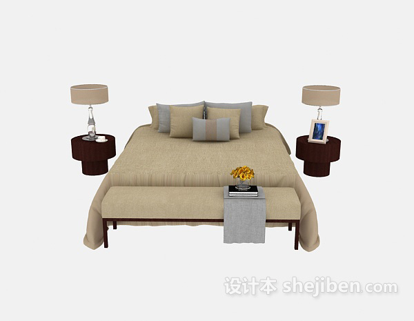 现代风格家居木质棕色简单双人床3d模型下载