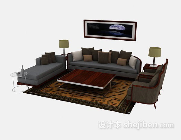中式风格中式复古组合沙发3d模型下载