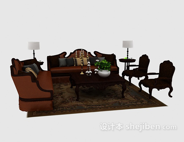 欧式风格欧式棕色组合沙发3d模型下载