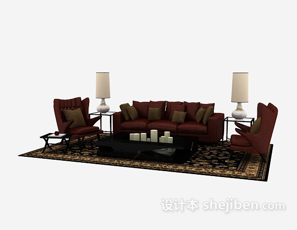 免费暗红色家居木质组合沙发3d模型下载