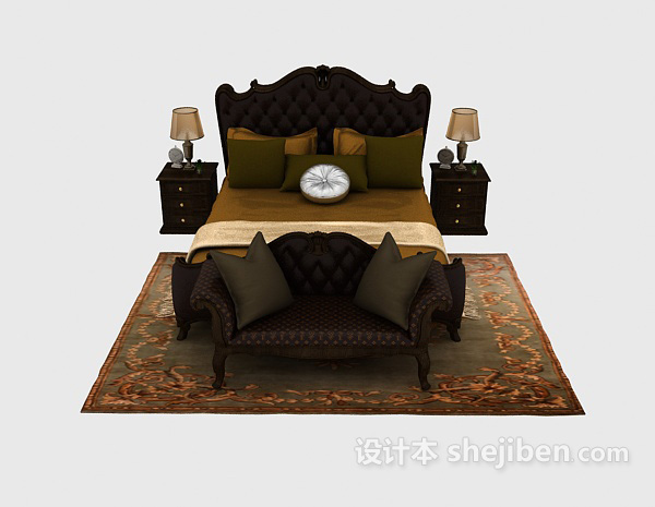 现代风格深棕色木质家居双人床3d模型下载