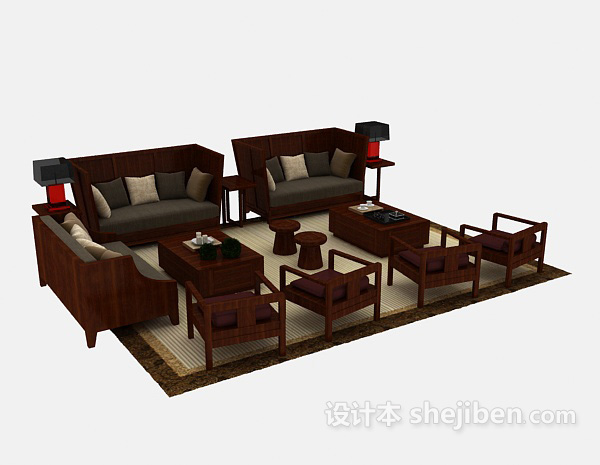 新中式风格实木沙发3d模型下载
