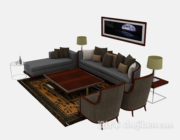 设计本中式复古组合沙发3d模型下载