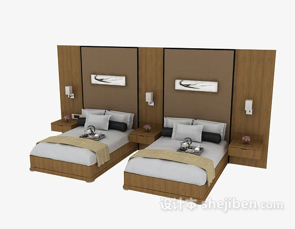 免费商务木质灰色单人床组合3d模型下载
